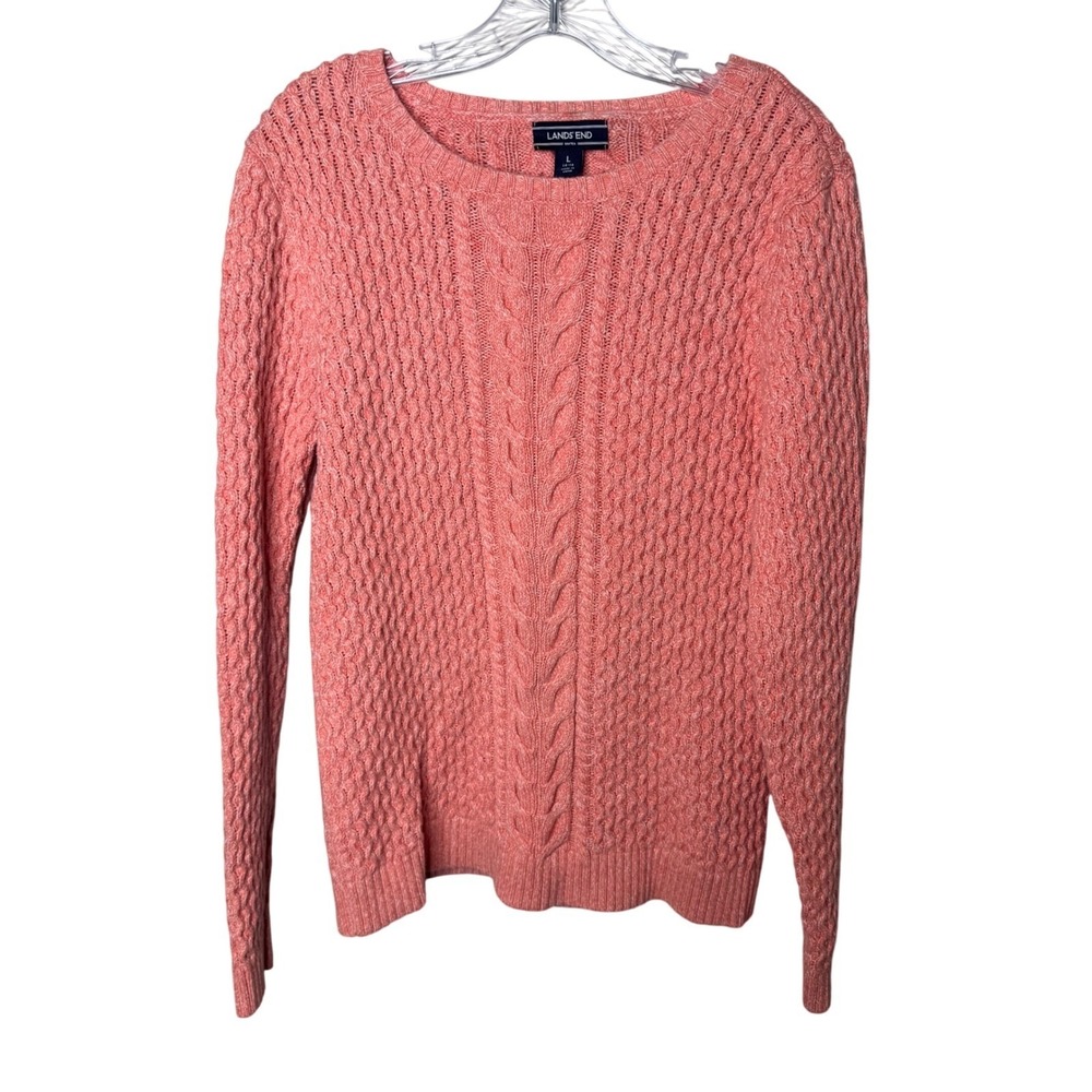 Lands End Women's Coral Cable Knit Cotton Sweater Size L Drifter Relaxed Fit